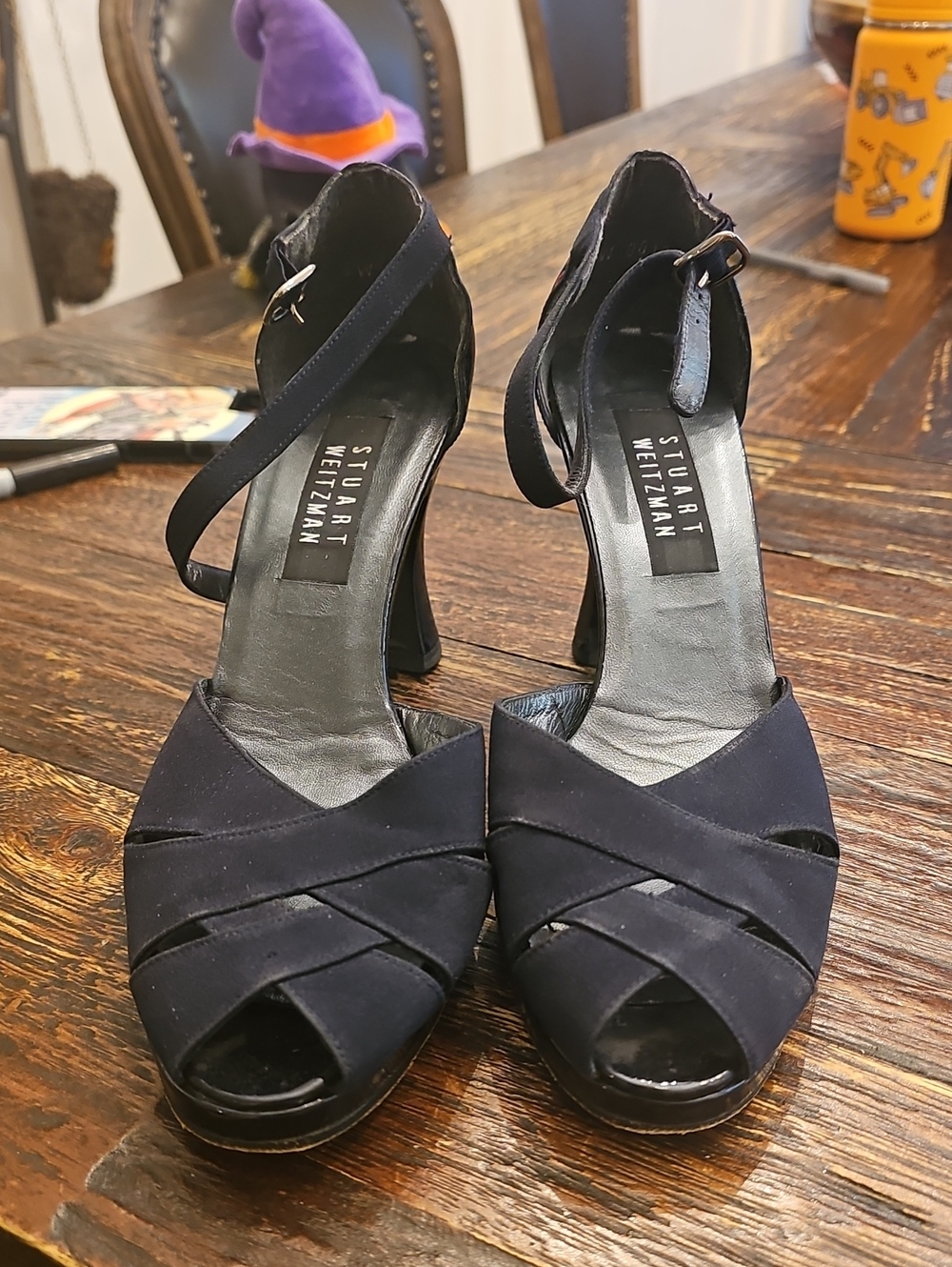 Stuart Weitzman Dark Navy Black Crisscross Peep-Toe Ankle-Strap Heels